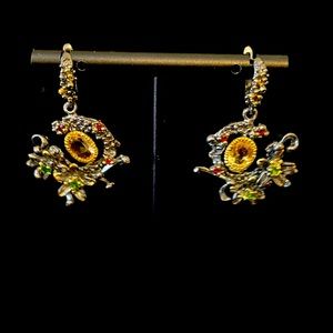 Silver and citrine earrings, emerald and ruby accents medium dangle.